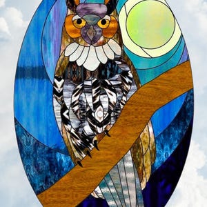 Owl & Full Moon Faux Stained Glass Deluxe WINDOW CLING ~ Faux Stained Glass ~ Sun-catcher Size 10.6&quot; Oval ~ Repositionable Vinyl