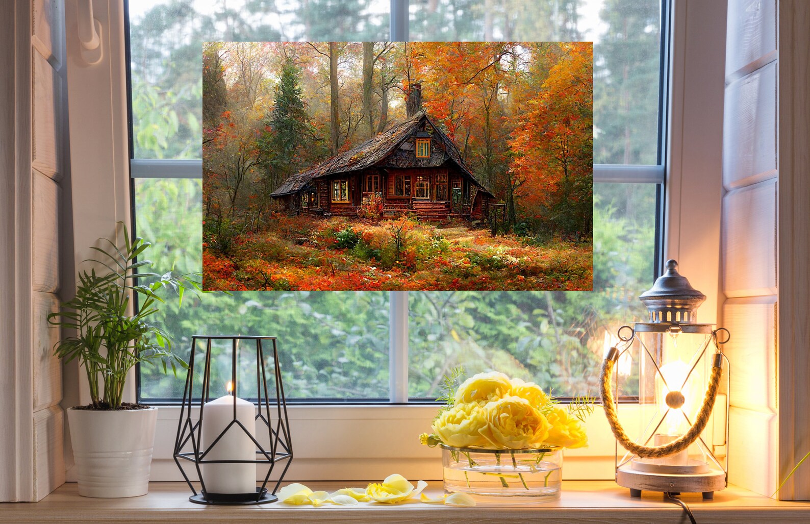 Fall Cabin WINDOW CLING Autumn Leaves Rustic Log Cabin in Etsy