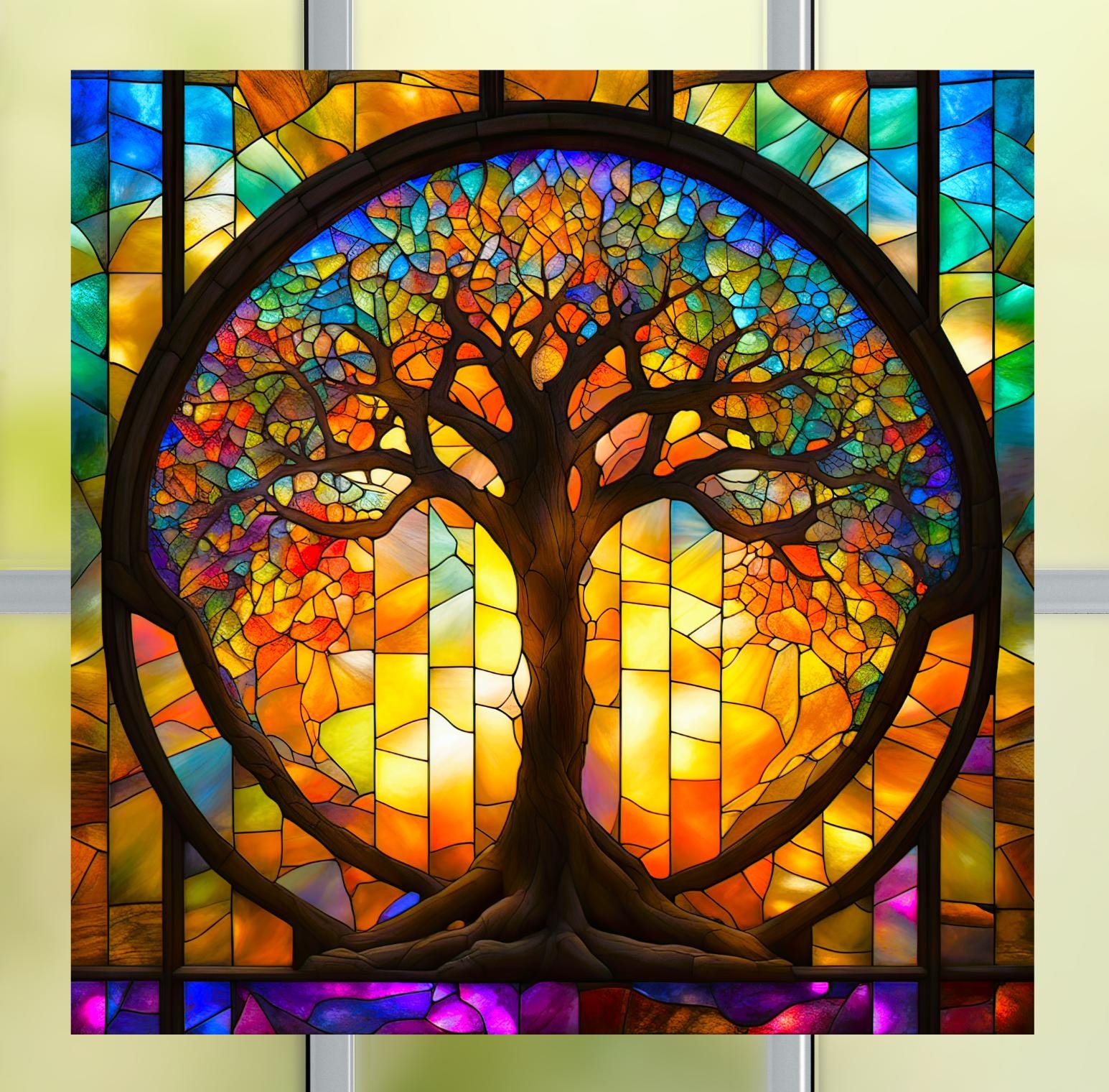 Tree of Life Faux Stained Glass WINDOW CLING Glassy Deluxe, 2