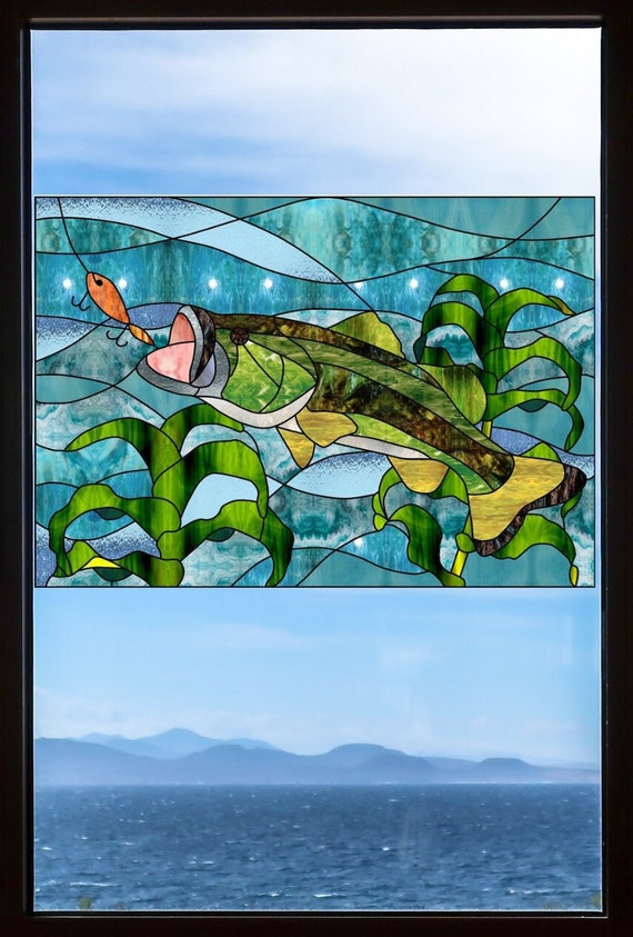 BASS Faux Stained Glass Fish WINDOW CLING Fishing Lure, Lake
