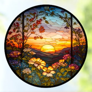 Sunset & Flowers ~ Faux Stained Glass WINDOW CLING ~ Suncatcher Size 8" Round ~  Thick Glassy Deluxe Vinyl