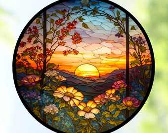 Sunset & Flowers ~ Faux Stained Glass WINDOW CLING ~ Suncatcher Size 8" Round ~  Thick Glassy Deluxe Vinyl