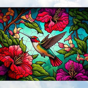 Hummingbird Faux Stained Glass  WINDOW CLING ~ Sun-catcher Size 10.6&quot; Repositionable Vinyl