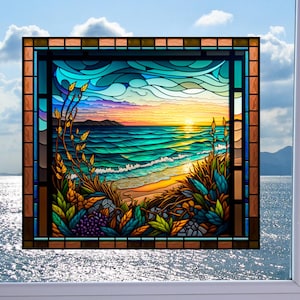 Ocean Beach Deluxe WINDOW CLING ~ Faux Stained Glass ~ Sun-catcher Size 9.1&quot; Repositionable Vinyl
