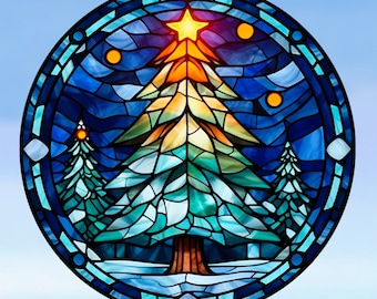 Christmas Tree Faux Stained-Glass WINDOW CLING Glassy Deluxe, 2-Sided Color