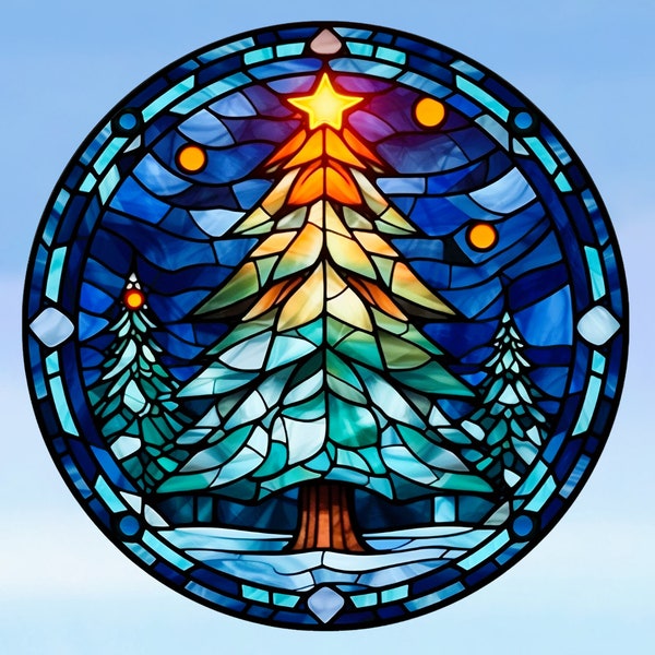 Christmas Tree Faux Stained Glass WINDOW CLING ~ Suncatcher Size 8" Round ~  Thick Glassy Deluxe Vinyl