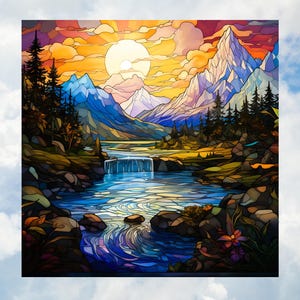 River & Mountains at Sunset Faux Stained Glass Deluxe WINDOW CLING ~ Sun-catcher Size 8&quot; Square Repositionable Vinyl