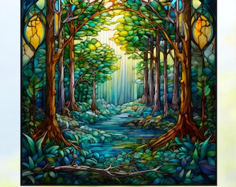 May include: A square stained glass panel depicting a forest scene with tall brown trees, lush green foliage, and a central stream. The composition features vibrant yellow light filtering through the canopy, framed by dark blue and amber borders.