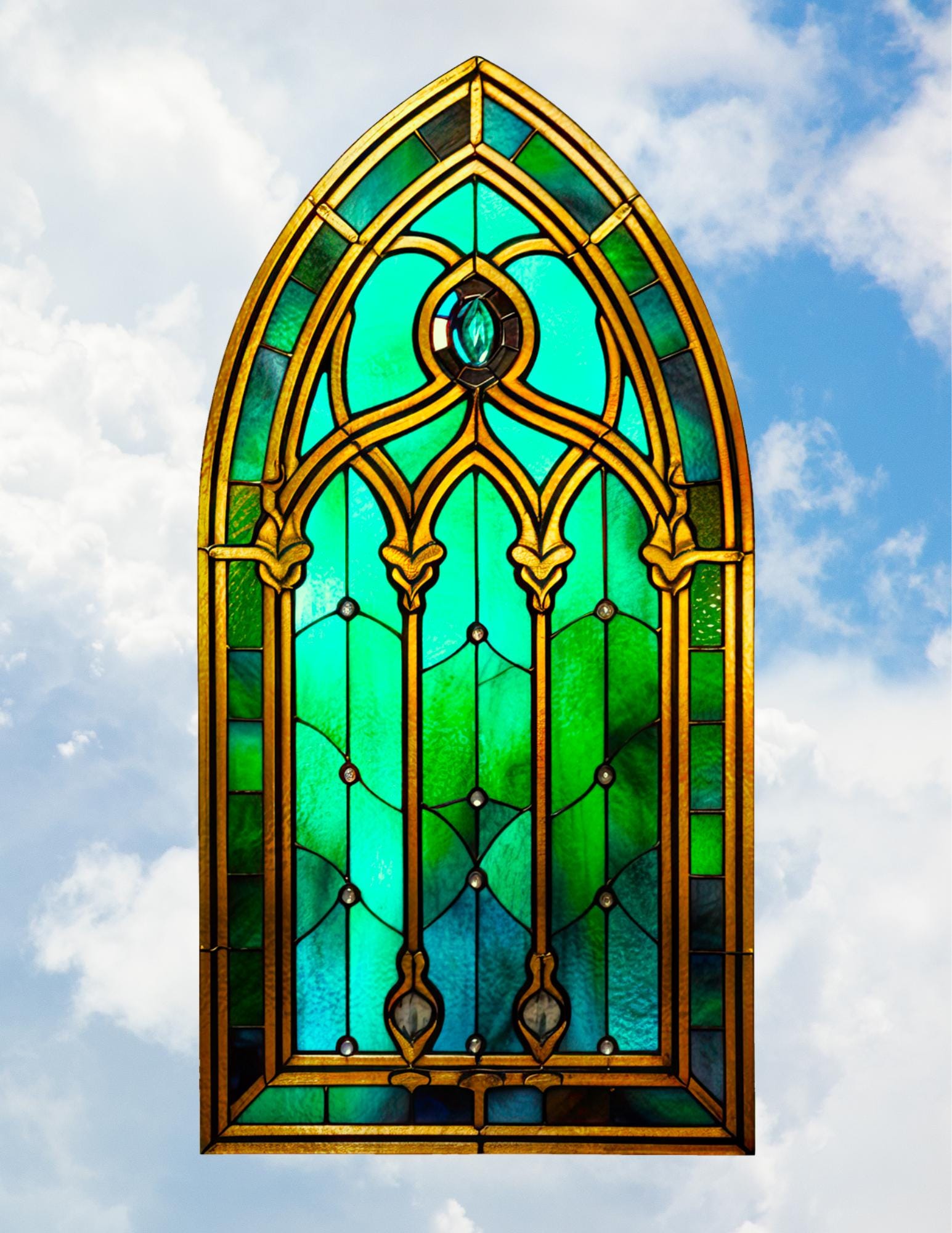 Emerald Green Arch Faux Stained Glass WINDOW CLING Glossy