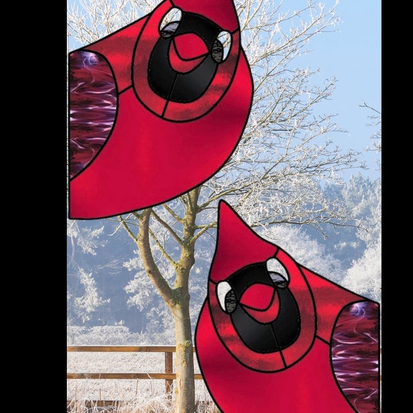 Faux Stained Glass Peeking Cardinal WINDOW CLINGS ~ Colorful Bird Suncatcher ~ Vinyl Decorations ~ Set of 2 Size 5.8" or 8"