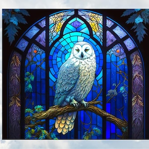 Snowy Owl Faux Stained Glass Deluxe WINDOW CLING ~ Sun-catcher Size 9.1&quot; Repositionable Vinyl