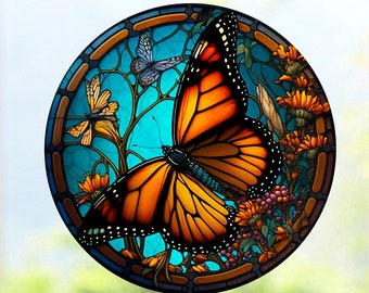 Faux Stained Glass Monarch Butterfly WINDOW CLING ~ Purple or Orange Flowers ~ Size 8" Round ~  Thick Glassy Deluxe Vinyl