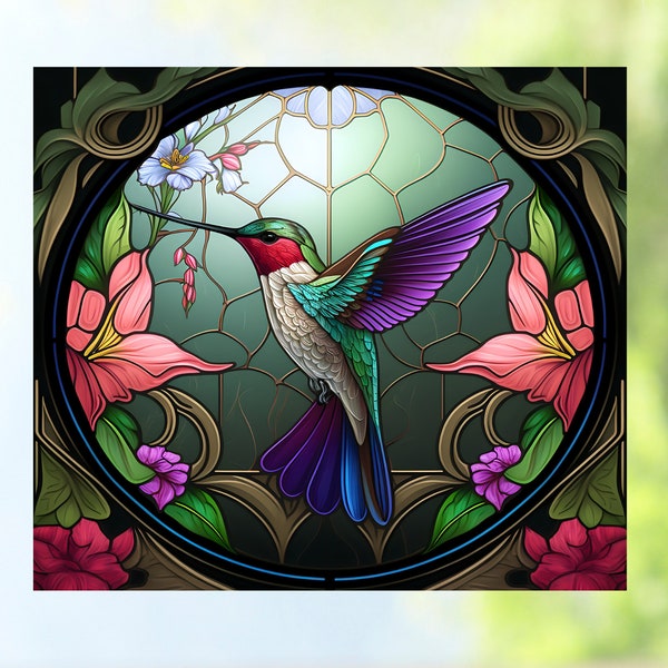 Hummingbird WINDOW CLING ~ Colorful Faux Stained Glass ~ Suncatcher Size 9.1"  Thick Glassy Deluxe Vinyl