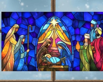 Nativity Faux Stained-Glass WINDOW CLING Glassy Deluxe, 2-Sided Color