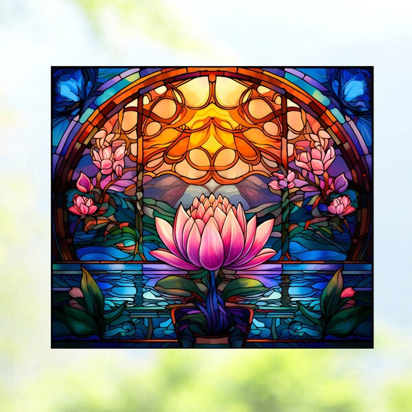 Faux Stained Glass Lotus Flower WINDOW CLING ~ Suncatcher ~ 4 Designs ~ Size 9.1" Thick Glassy Deluxe Vinyl