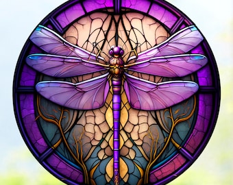 Faux Stained Glass Purple Dragonfly WINDOW CLING ~ Violet Suncatcher ~ Round ~ Size 8"  Thick Glassy Deluxe Vinyl