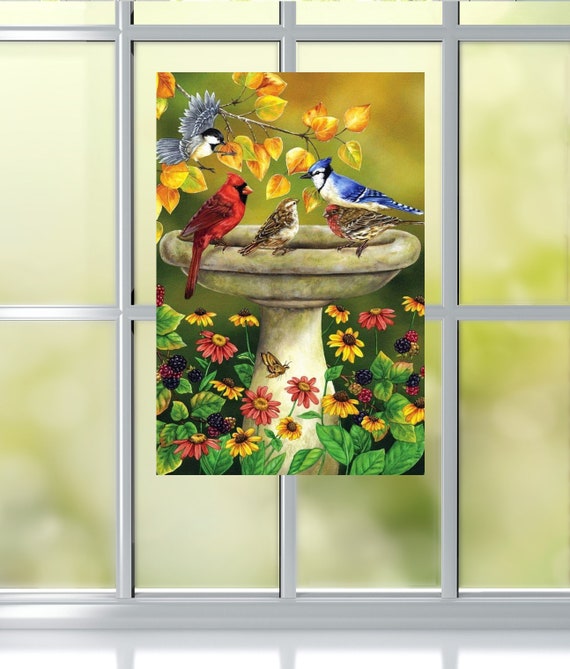 Bird Bath WINDOW CLING Suncatcher Cardinals Fall Leaves Daisy Flowers  Berries Size 10.6 Repositionable Vinyl -  Canada
