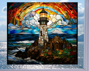 Lighthouse WINDOW CLING ~ Faux Stained Glass ~ Suncatcher ~ Ocean ~ Sunset ~ Seaside ~ Size 9.1"  Thick Glassy Deluxe Vinyl