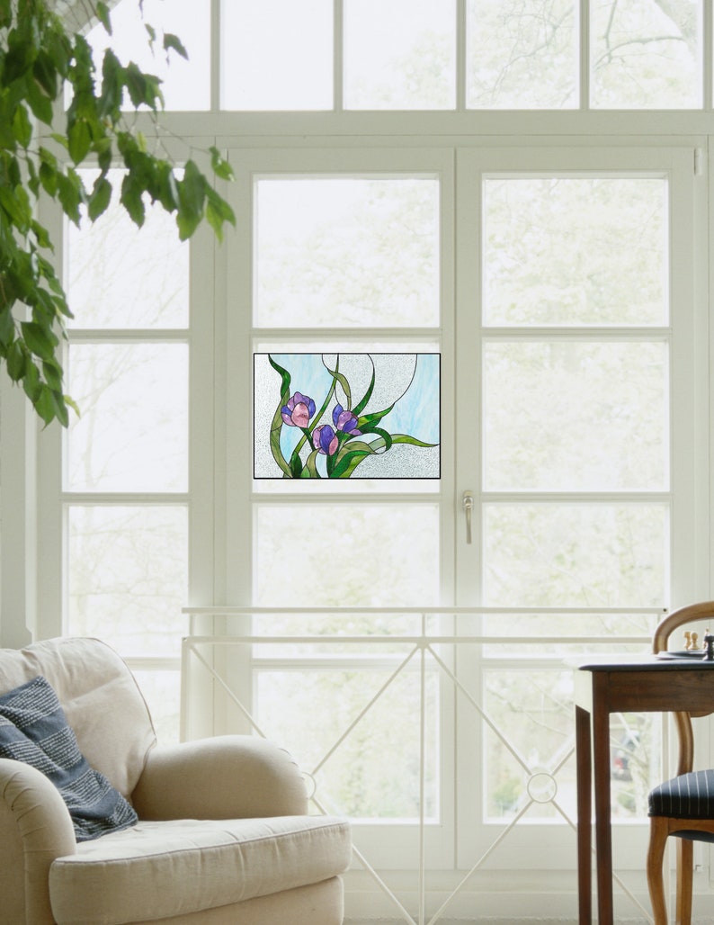 Faux Stained Glass Purple Flowers WINDOW CLING Suncatcher Etsy