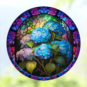 Hydrangea WINDOW CLING ~ Faux Stained Glass ~ Suncatcher Size 8" July Birth Month Flowers ~ 2 Designs ~  Thick Glassy Deluxe Vinyl