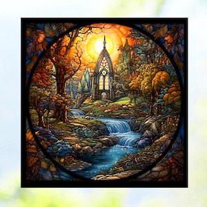 Scenic Church Faux Stained Glass  Window Cling ~ Sun-catcher Size 8&quot; Square ~ Repositionable Vinyl