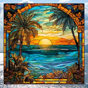 Tropical Sunset Faux Stained Glass Deluxe WINDOW CLING ~ Ocean ~ Palm Trees ~ Size 8&quot; Square ~ Repositionable Vinyl