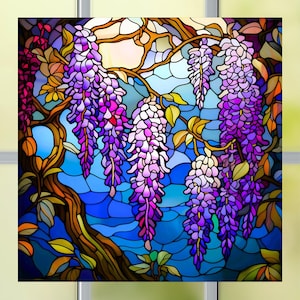 Wisteria Flowers Faux Stained Glass Deluxe WINDOW CLING ~ Sun-catcher Size 8&quot; Square ~ Repositionable Vinyl