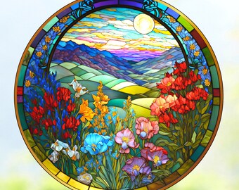 Wildflowers ~ Mountains WINDOW CLING ~ Size 8" Round ~  Thick Glassy Deluxe Vinyl