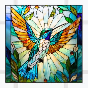 Hummingbird Faux Stained Glass  WINDOW CLING ~ Sun-catcher Size 8&quot; Square ~ Repositionable Vinyl