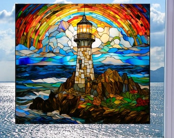 Lighthouse Faux Stained-Glass WINDOW CLING Glossy, Translucent, Double-Sided