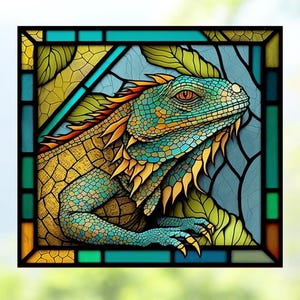 May include: A stained glass panel depicting an iguana. The iguana is rendered in teal, yellow, and orange, with detailed scales and textures. The background features leaves and a blue sky, all framed within a black border.
