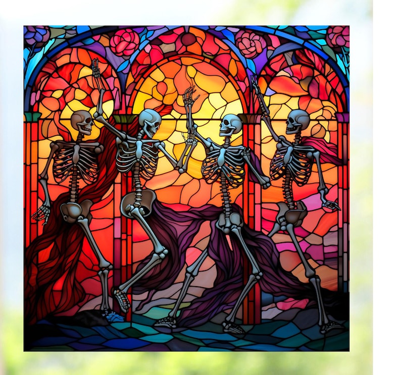 May include: Three skeletons dance in a stained glass window. The window is made of colorful glass pieces, with red, orange, yellow, green, blue, and purple hues. The skeletons are wearing flowing robes, and the window is set against a background of green foliage.