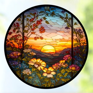 Sunset & Flowers Faux Stained Glass WINDOW CLING Suncatcher Size 8 Round Thick Glassy Deluxe Vinyl image 6