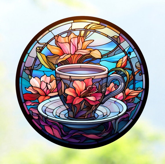 Teacup & Flowers Faux Stained Glass WINDOW CLING Suncatcher Size 8