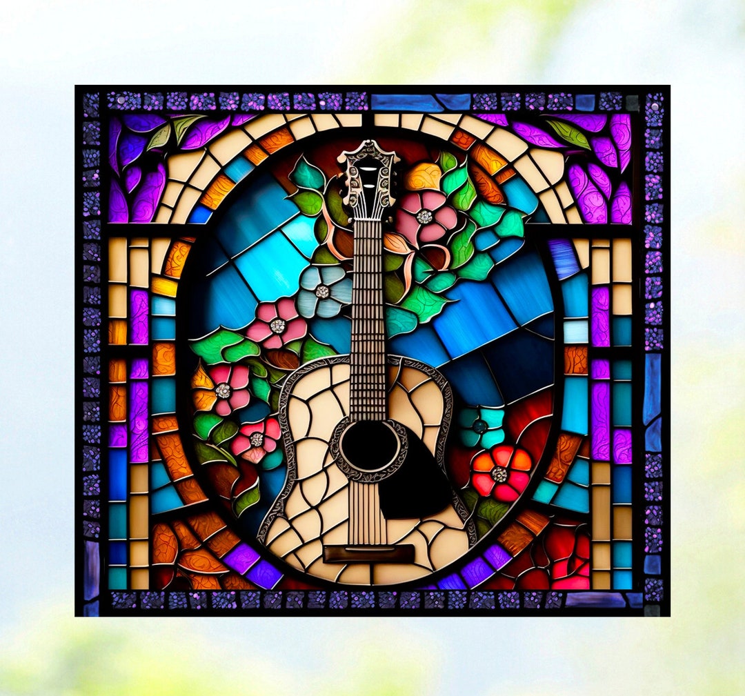 Guitar WINDOW CLING Faux Stained Glass Music Suncatcher Size 9 Thick Glassy Deluxe Vinyl Etsy