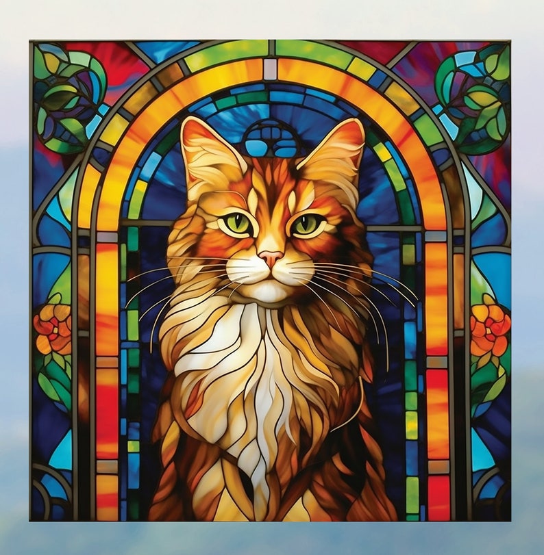 Cat Faux Stained Glass WINDOW CLING Orange Tabby Suncatcher 3 Designs Size 8 Square Thick Glassy Deluxe Vinyl image 8