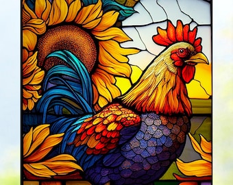 Rooster Faux Stained Glass WINDOW CLING ~ Chicken ~ Suncatcher Size 8.5" ~  Thick Glassy Deluxe Vinyl