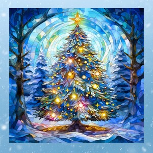 May include: A stained glass style illustration of a Christmas tree centered in a snowy forest. The tree features glowing yellow lights and a star topper, set against a backdrop of blue and white glass shards forming trees and a winter sky.