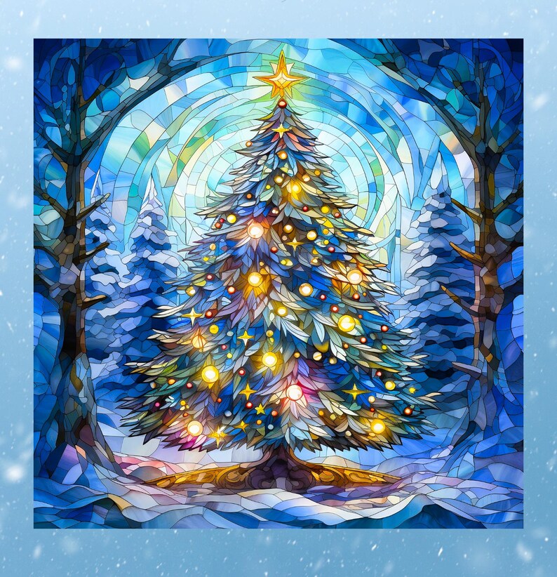 May include: A stained glass style illustration of a Christmas tree centered in a snowy forest. The tree features glowing yellow lights and a star topper, set against a backdrop of blue and white glass shards forming trees and a winter sky.