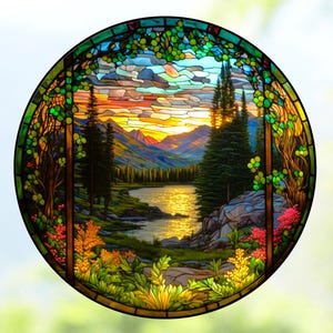 Scenic River Faux Stained Glass Deluxe WINDOW CLING ~  Sun-catcher Size 8&quot; Round ~ Repositionable Vinyl