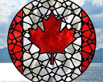Canadian Flag Faux Stained Glass Deluxe WINDOW CLING ~ Sun-catcher Size 8&quot; Round or 9&quot; Rectangle ~ Repositionable Vinyl