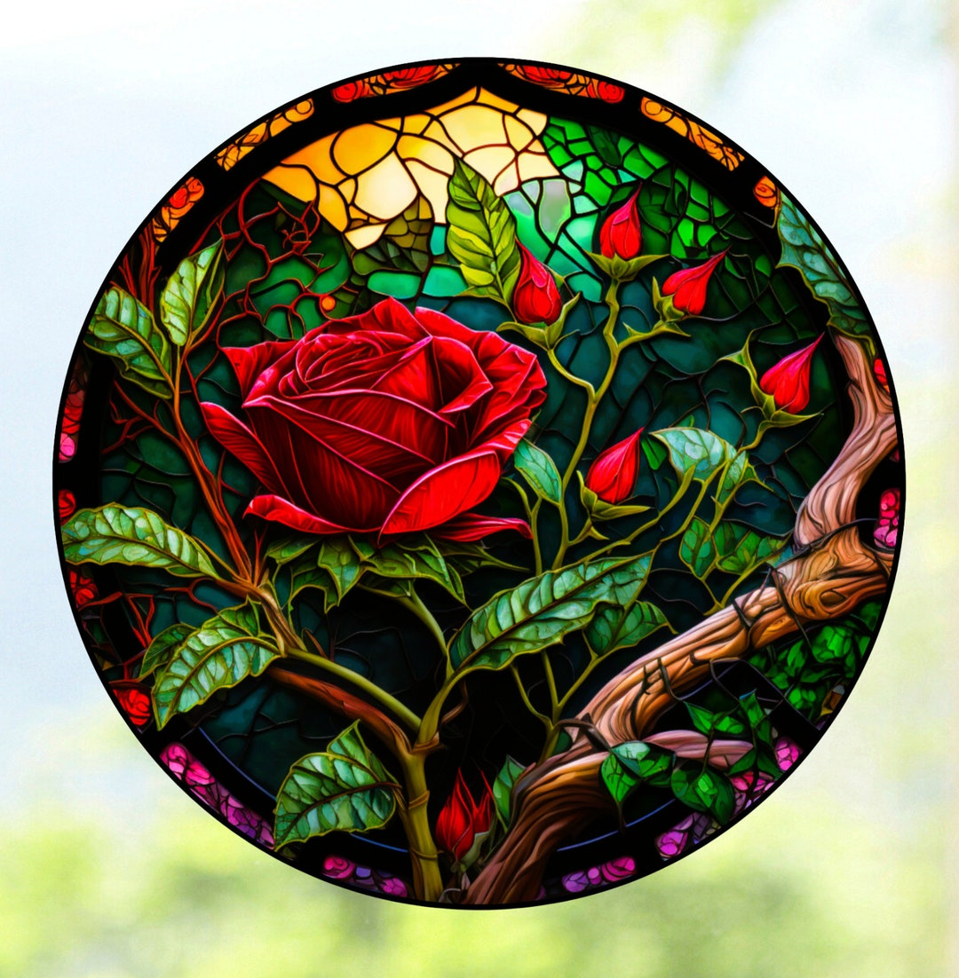 Birth Month Flower Wild Red Rose WINDOW CLING Faux Stained - Etsy