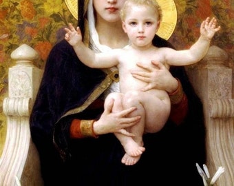 Mary and Jesus WINDOW CLING ~ Our Lady/Madonna of the Lilies ~ Size 10.6" Bouguereau Painting ~  Thick Glassy Deluxe Vinyl