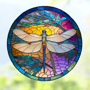 Dragonfly WINDOW CLING ~ Faux Stained Glass ~ Round ~ Suncatcher Size 8" Two Design Choices ~  Thick Glassy Deluxe Vinyl