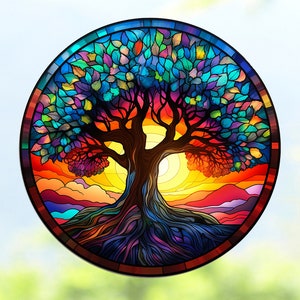 Tree of Life WINDOW CLING ~ Faux Stained Glass ~ Size 8" Round ~  Thick Glassy Deluxe Vinyl