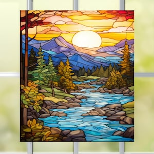 River at Sunset Faux Stained Glass Deluxe WINDOW CLING ~  Sun-catcher Size 9.3&quot; Repositionable Vinyl