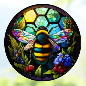 Bee Faux Stained-Glass Deluxe WINDOW CLING ~ Colorful Bumble Bee ~ Sun-catcher Size 8" Round ~ Repositionable Vinyl