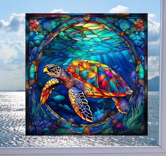 ステンドグラス　亀 カラフルなウミガメのステンドグラス風窓用ステッカー 光沢あり、半
