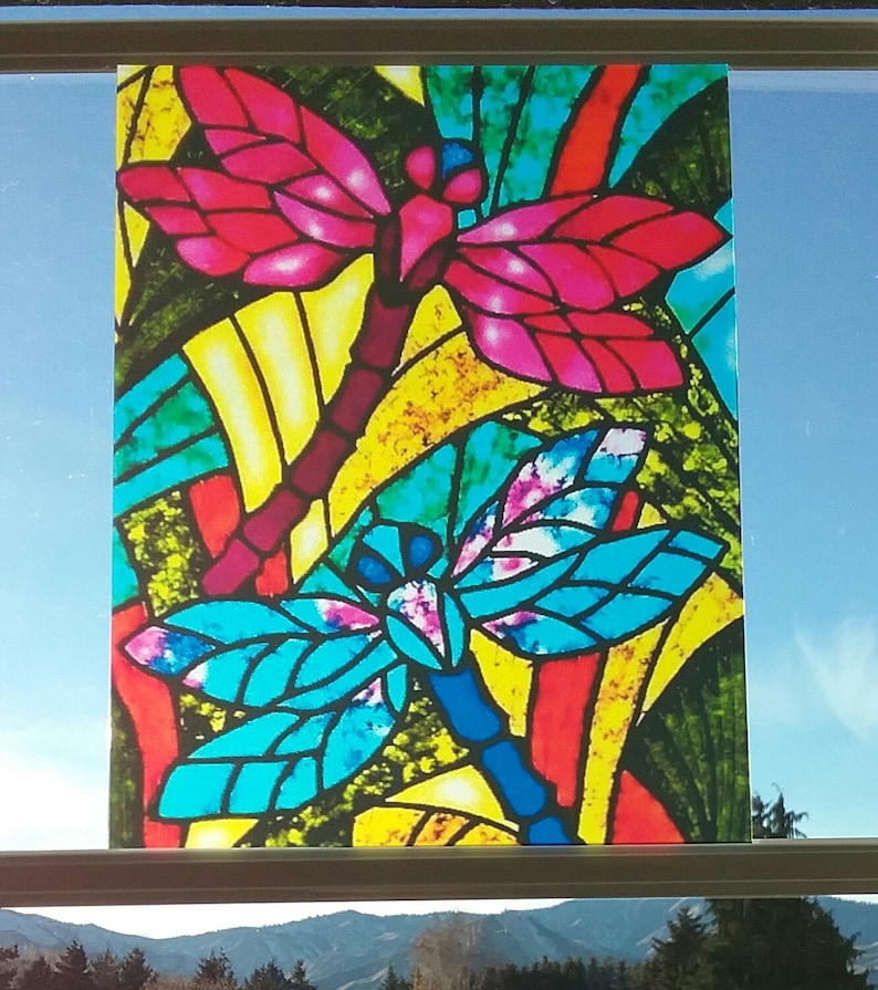 Faux Stained Glass Dragonfly 3D Window Cling ~ Sparkling Suncatcher 7.8x10.2 Vinyl Window Decal ~ Dragonflies Art Print ~ Window Decoration