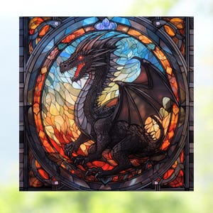 Dragon Faux Stained Glass Deluxe WINDOW CLING ~ Colorful Sun-catcher Size 8" Square ~ Repositionable Vinyl